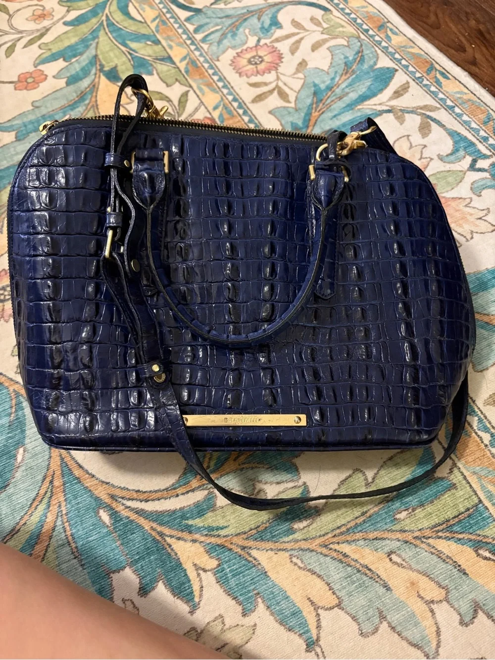 Brahmin Navy Croc-Embossed Satchel with Gold Hardware